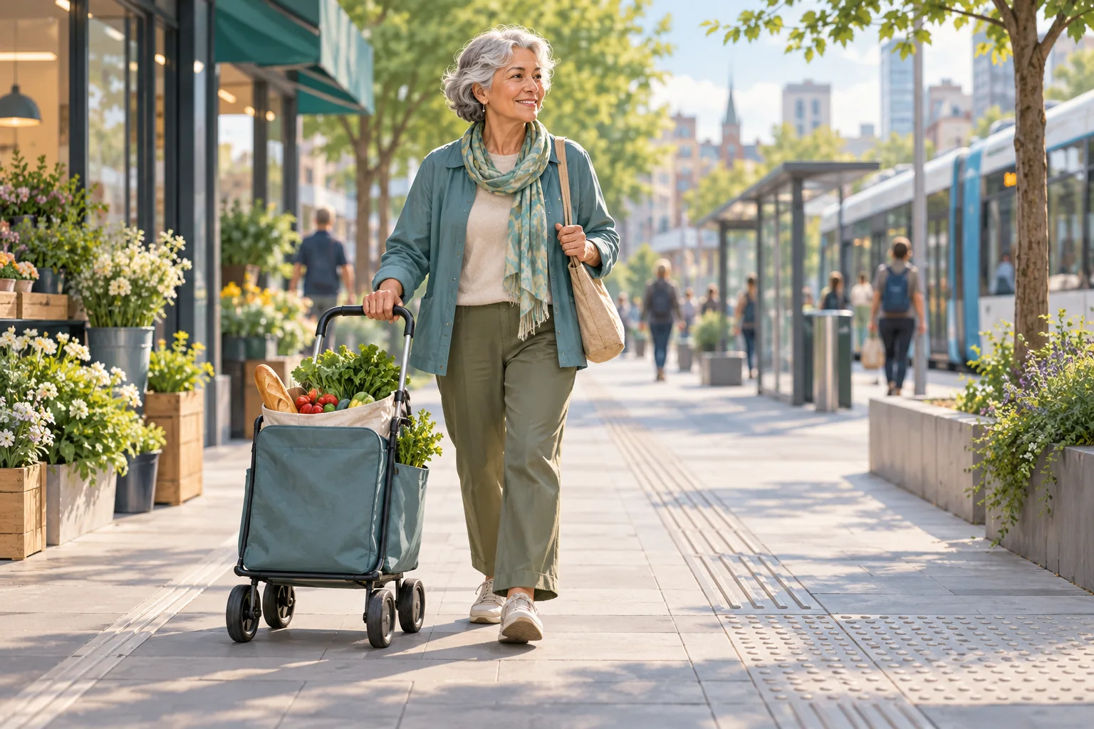 Concept visual of an older adult with a grocery carrier on an accessible urban path, representing independent shopping mobility.