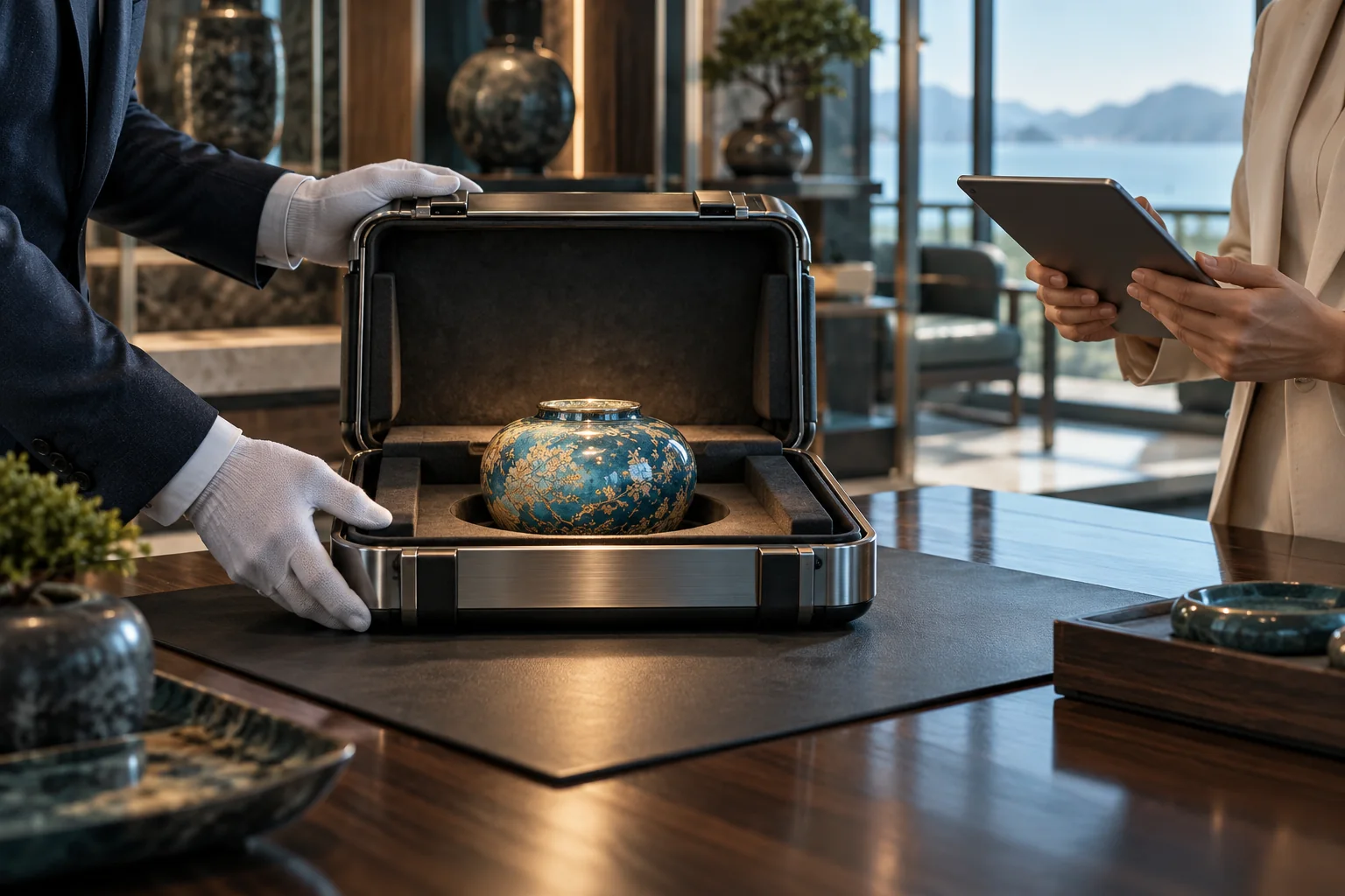Concept visual of two people checking a protected artisan object during a handover, suggesting trusted custody and verification.