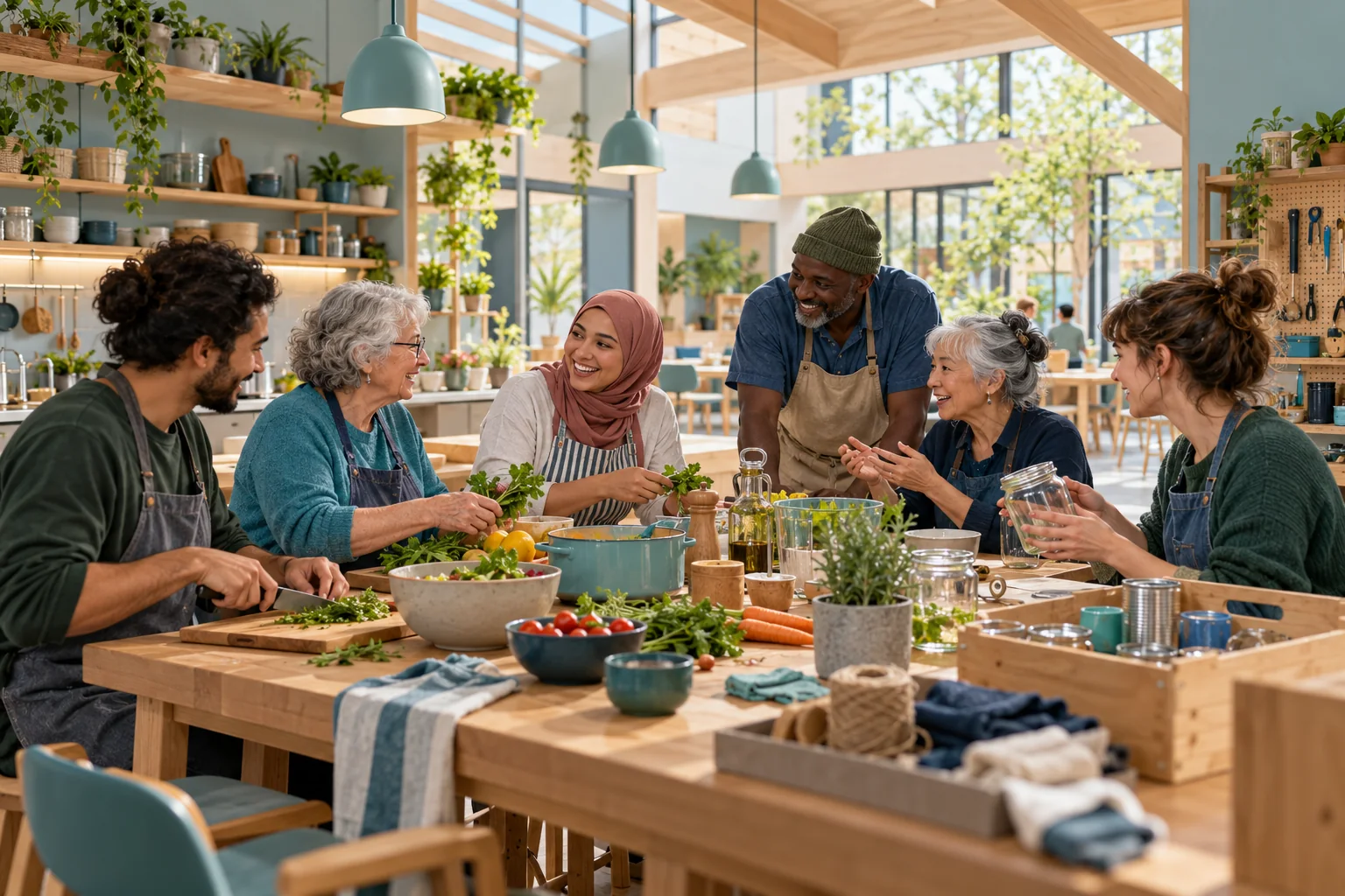 Concept visual of a proposed future Unity House community hub, with neighbours cooking and learning together; it does not depict the current hosted pilot or an operating centre.